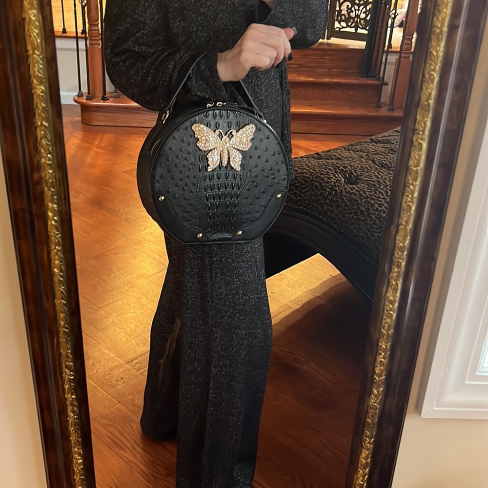 Round Vegan Leather Ostrich Print Bag With Big Rhinestone Butterfly